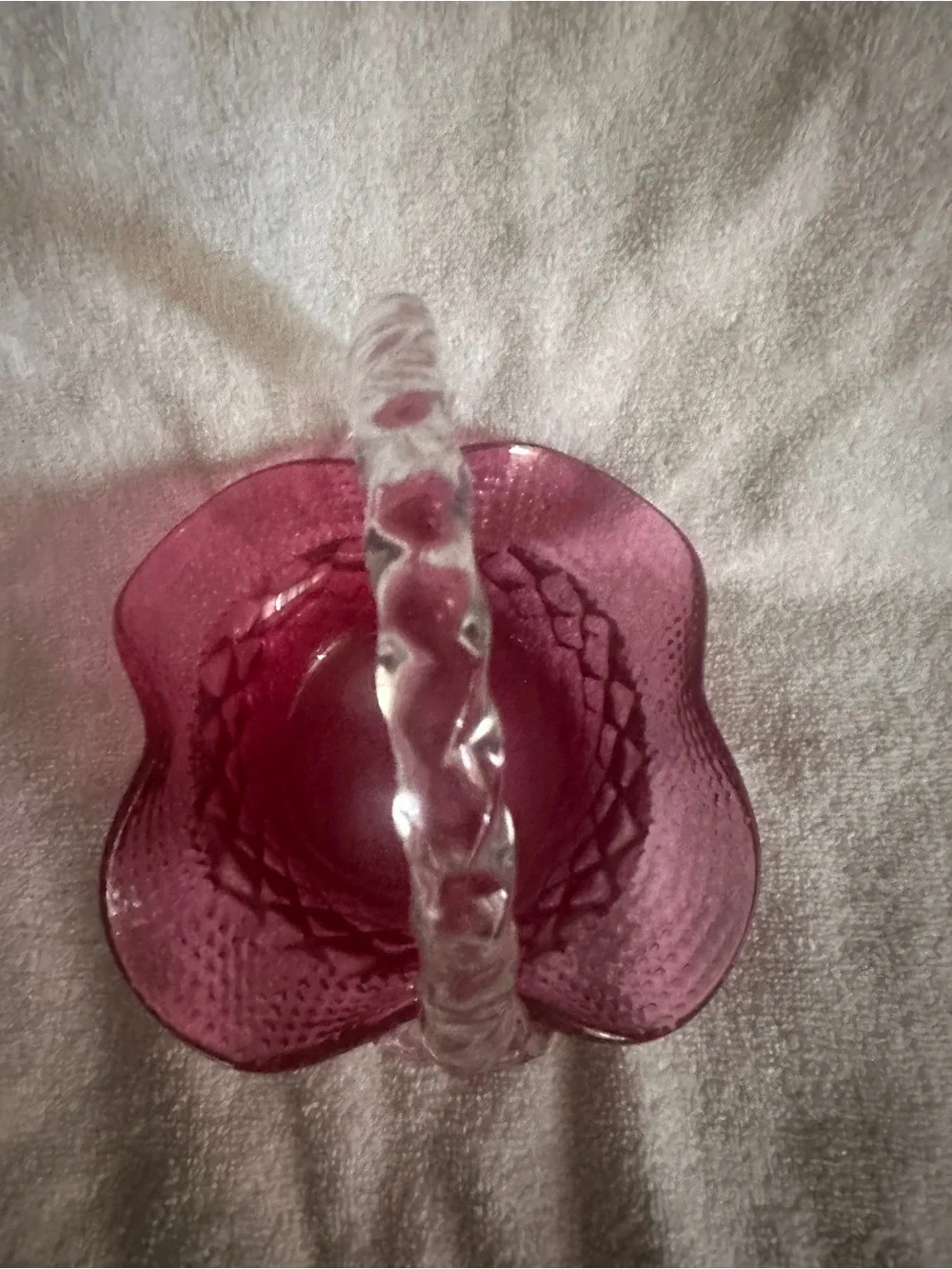 Vintage Fenton Cranberry  Glass basket with berries at bottom of the handle